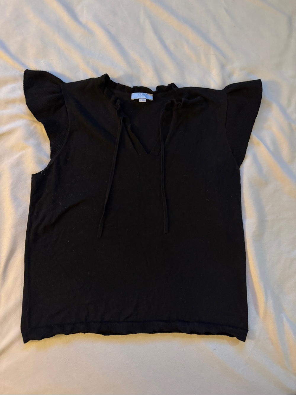 LOFT Outlet LP Black Ruffle Flutter Sleeve Tie Neck Knit Top Petite Large